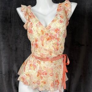Y2K Nougat London Fairycore Sheer Silk Floral Wrap Top Romantic Ethereal Soft S